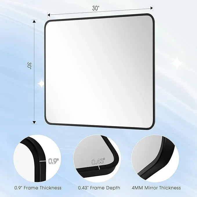 Bonverre 30x30 Inch Rectangle Bathroom Mirror with Black Metal Frame, Rounded Corner Rectangular Vanity Mirror for Wall, Modern Large for Bedroom, Living Room, Horizontal or Vertical - ModernBath