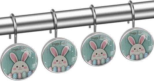 Rural Teal and Easter Bunny Crystal Glass Shower Curtain Hooks for Bathroom Shower Rod, 12Pcs Round Home Decorative Shower Curtain Rings, Bathroom Bedroom Living Room Accessories - ModernBath