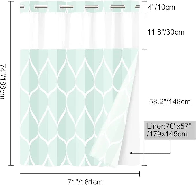 Yiatn Light Green No Hook Hotel Collection Shower Curtain - Hotel Style with See Through Mesh Top Window, Modern Geometric Waterdrop Design,Waterproof and Washable,- 71x74 INCH - ModernBath