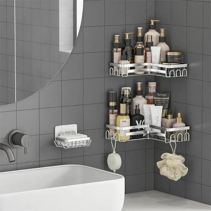 3 Pack Adhesive Corner Shower Caddy Shelf Organizer Rack, No Drilling Stainless Steel Shower Storage Rack with Hooks for Bathroom Storage & Home Decor - ModernBath