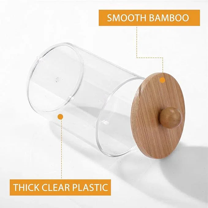 Meanplan 9 Pack Plastic Apothecary Jars with Lids Acrylic Holder Dispenser for Bathroom, 10/22/39 oz Clear Plastic Storage Jars Floss Container for Swab Cotton Ball, 3 Sizes (Wooden Lid) - ModernBath