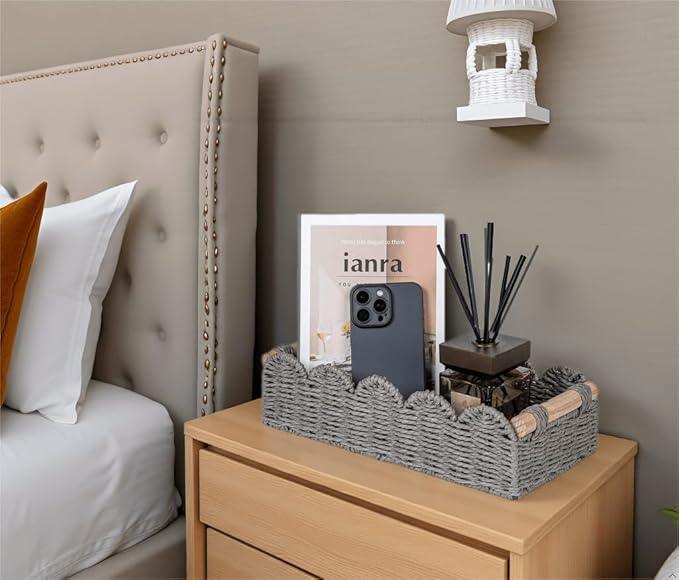 CubesLand Decorative Toilet Paper Storage Basket, Modern Farmhouse Home Decor Basket for Organizing, Scalloped Pantry Baskets for Shelves, Countertop, Living Room, w/Wood Handles, Grey 2 Sizes - ModernBath