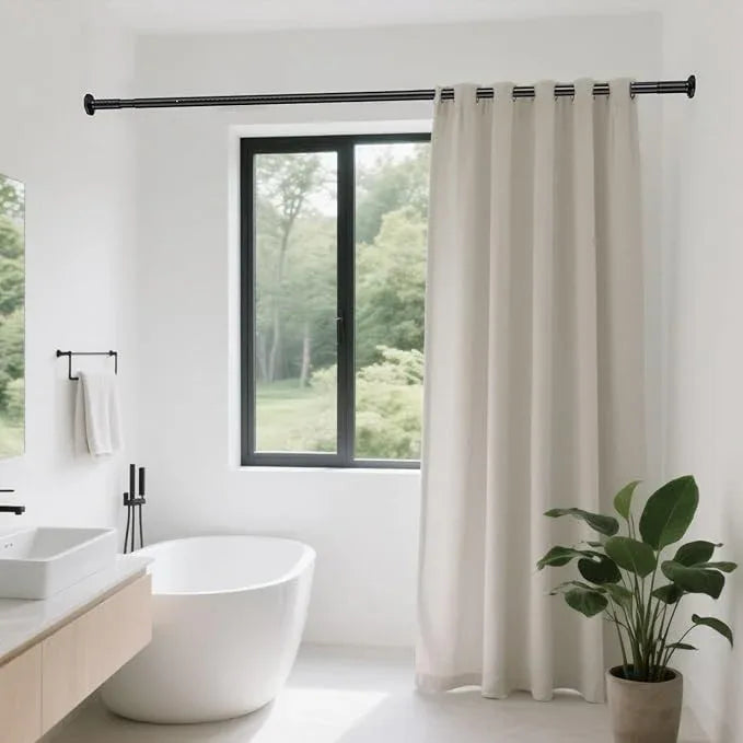 ZYKORT Tension Curtain Rod 51-128 In (4-10Ft), Shower Curtain Rod No Drilling for Bathroom, Long Outdoor Curtain Rod for Patio Never Rust, Adjustable Tension Rod Diameter 1.26 In Renter Friendly Black - ModernBath