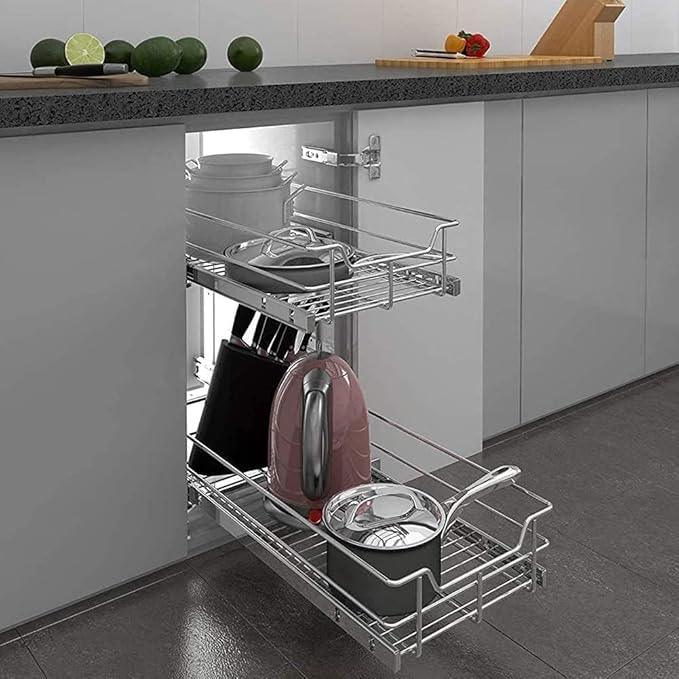 2 Tier Pull Out Cabinet Organizer 20" W X 22" D, Slide Out Drawers For Kitchen Cabinets, Pull Out Drawers For Cabinets Capacity Heavy Duty Caddy, Cabinet Pullout Shelves Chrome-Plated,Bathroom Pantry - ModernBath