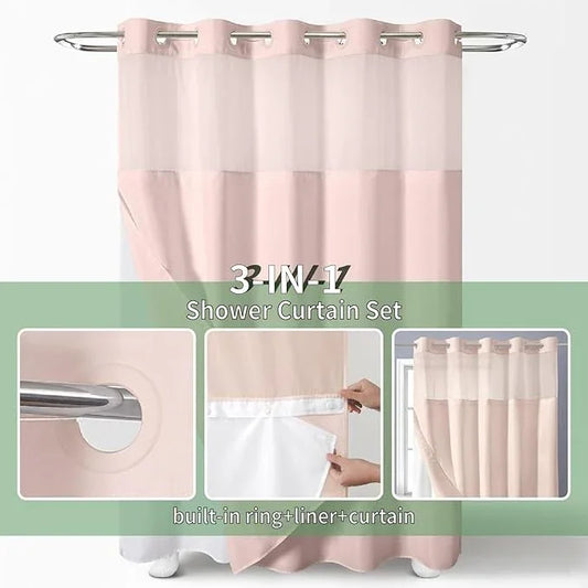 eachope Blush No Hook Shower Curtain with Snap-in Fabric Liner Set,Slub Textured Fabric Shower Curtains for Bathroom,Hotel Style Modern Shower Curtain,Water Repellent & Washable,71x74(72) - ModernBath