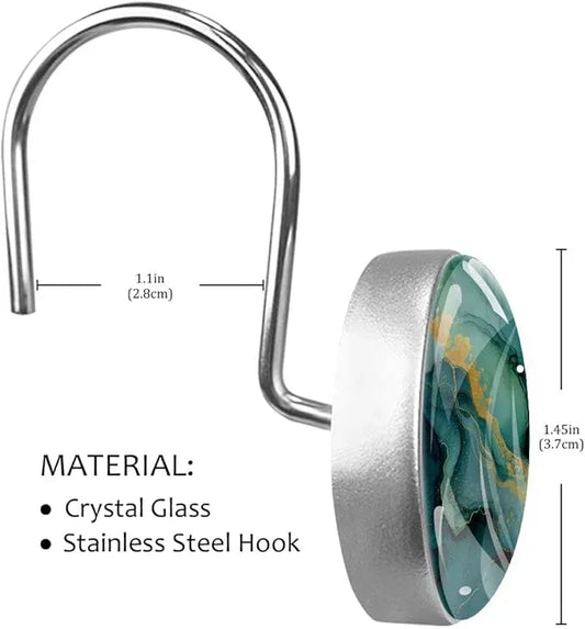 12 Packs Abstract Green Marble Shower Curtain Hooks, Crystal Glass Shower Curtain Rings for Bathroom, Rustproof Metal Curtain Rod Hooks - ModernBath