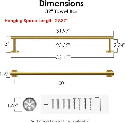 FORIOUS Towel Bar Wall Mounted, Stainless Steel Towel Racks for Bathroom, Includes Wall Mounting Hardware (Brushed Gold, 32 Inch) - ModernBath