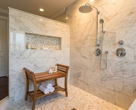 EcoDecors Symmetry 30 Inch Natural Color Waterproof Teak Wood Shower Bench Stool Seat Chair for Inside Shower Provides Safety, Storage, and Organization for Bathroom Accessories