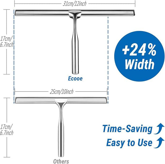 ecooe Stainless Steel Shower Squeegee with Hook, 12″ Shower Glass Cleaner Wiper Scraper with 2 Replacement Blade Window Squeegee for Home Bathroom Kitchen Car Glass Doors