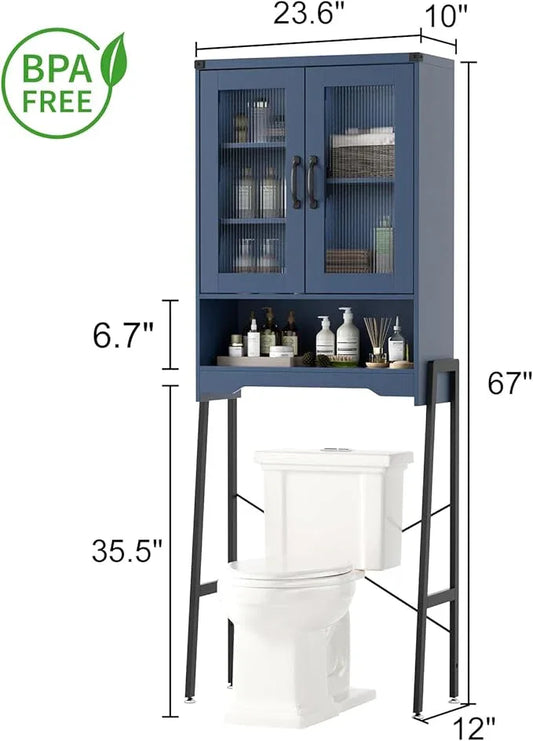 Over The Toilet Storage Cabinet with Tempered Glass Doors and Adjustable Shelf, Bathroom Organizer with Metal Stand Space Saver Over Toilet , Modern Toilet Rack for Bathroom, Restroom, Laundry, Blue - ModernBath