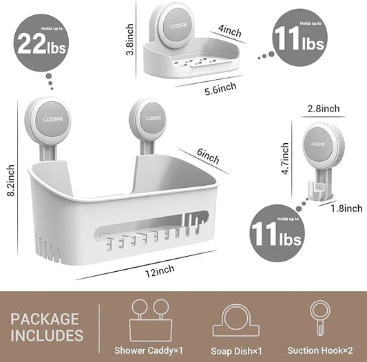 LUXEAR 4 Pack Shower Caddy Set - Suction Cup Shower Shelf+Soap Dish+Hooks - 1 Sec Installation NO-Drill Removable Powerful Waterproof Organizer - ModernBath