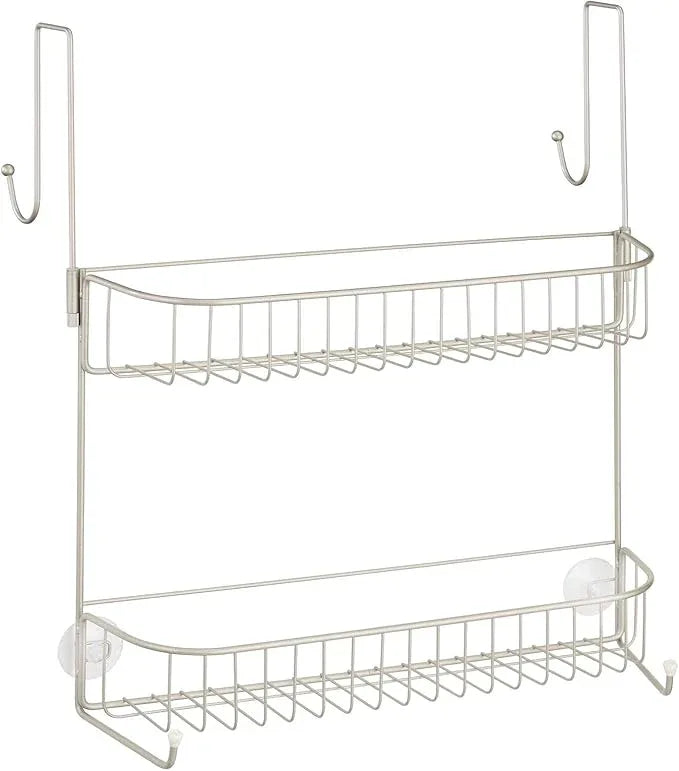 mDesign Extra Wide Metal Wire Over the Bathroom Shower Door Caddy, Hanging Storage Organizer with Built-In Hooks and Baskets on 2 Levels for Shampoo, Body Wash, Loofahs, Rust Resistant - Satin - ModernBath