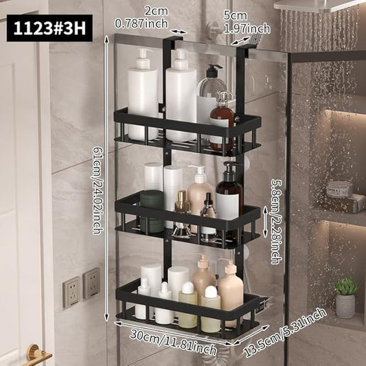 3-Tier Over Door Shower Caddy, Black Metal Bathroom Storage Rack, 11.81x5.31 Inch Shelves, Rustproof Organizer, Modern Style, No Drilling Required, for Toiletry Storage