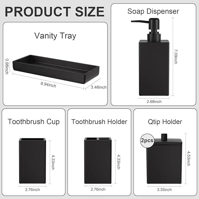 Black Bathroom Accessories Set Resin 6PCS, Square Toothbrush Holders Set Complete with Soap Dispenser, Vanity Tray, Tumbler, Cups and Cotton Swab Jars for Counter, Sink or Small Spaces - ModernBath