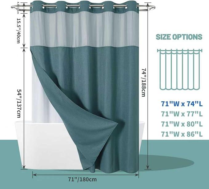 eachope SeawedGreen No Hook Waffle Weave Shower Curtain with snap-in Liner Replacement, 230GSM Waterproof Fabric Hotel Shower Curtain Set for Bathroom, Through Mesh Top Window,71Wx74H - ModernBath