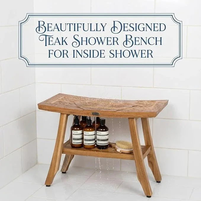 EcoDecors 24 Inch Satori Natural Teak Waterproof Teak Wood Shower Bench Stool Seat Chair for Inside Shower Provides Safety, Storage, and Organization for Bathroom Accessories - ModernBath