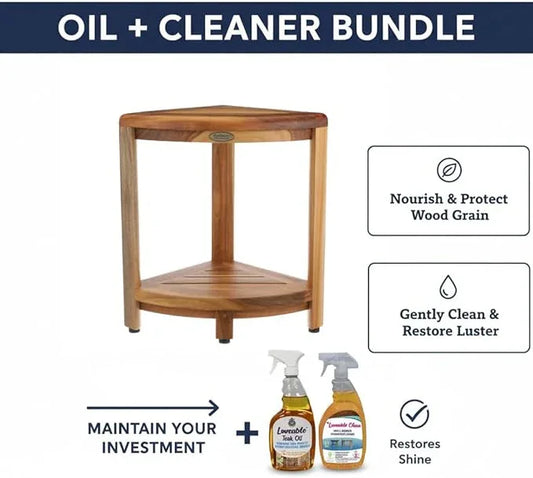 EcoDecors Fully Assembled SnazzyCorner® 18" Teak Shower Bench, Corner Shower Stool, w Shelf, Plus Loveable Teak Oil Spray Bottle 24 oz, Loveable Teak Cleaner 32 oz, Space Saver Corner be - ModernBath