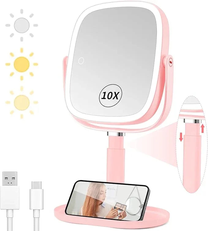 Lighted Makeup Mirror, 2600mAh Rechargeable 1x/10x Magnifying Vanity Mirror, 8.5" Height Adjustable Makeup Mirror with Lights 3 Color, 360° Rotation 2-Sided Light up Large Desk Mirror - Pink - ModernBath
