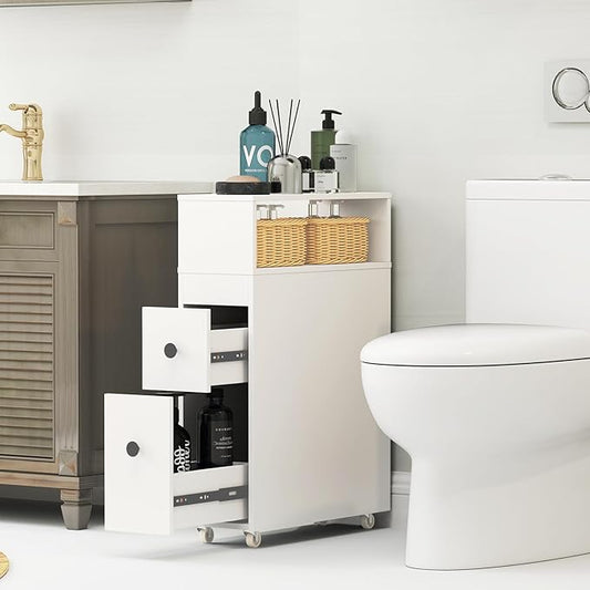 Tangkula Slim Bathroom Storage Cabinet, Movable Narrow Toilet Side Cabinet w/2 Slide Out Drawers, 2 Rattan Baskets & Shelves, Toilet Paper Holder on Wheels for Small Spaces