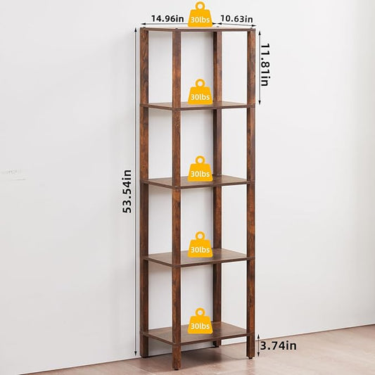 54in Tall Bookshelf 5-Tier Small Narrow Bookcase, Skinny Book Shelf for Small Space, Farmhouse Slim Shelf with Storage, Wood Freestanding Display Thin Bookshelves for Living Room, Office, Brown