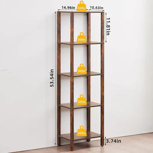 54in Tall Bookshelf 5-Tier Small Narrow Bookcase, Skinny Book Shelf for Small Space, Farmhouse Slim Shelf with Storage, Wood Freestanding Display Thin Bookshelves for Living Room, Office, Brown - ModernBath