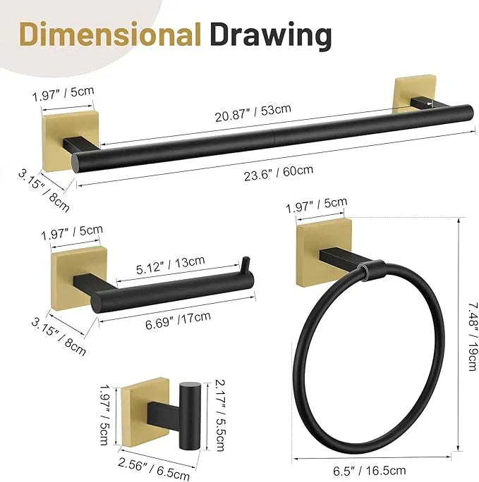 10 Pieces Black Gold Towel Bar Set, 23.6 Inch Bathroom Accessories Set SUS304 Stainless Steel Bathroom Hardware Set Towel Racks for Bathroom Wall Mounted. - ModernBath