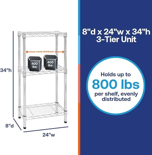 Shelving Inc. 8" d x 24" w Chrome Wire Shelving with 3 Tier Shelves, Weight Capacity 800lbs Per Shelf - ModernBath