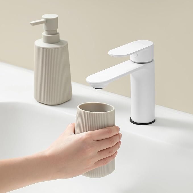 YAUKPH Bathroom Accessories 2 Piece Soap Dispenser and Toothbrush Holder Set Striped Beige