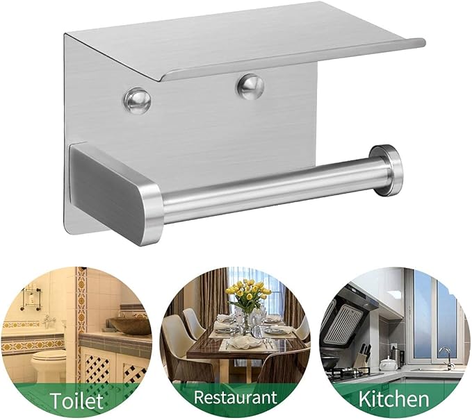 VAEHOLD Self Adhesive Toilet Paper Holder with Phone Shelf Stainless Steel Wall Mounted Toilet Paper Roll Holder - Rustproof and Bathroom Washroom Tissue Roll Holder with Storage Shelf - Silver
