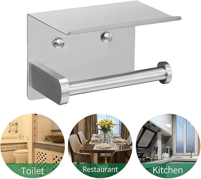 VAEHOLD Self Adhesive Toilet Paper Holder with Phone Shelf Stainless Steel Wall Mounted Toilet Paper Roll Holder - Rustproof and Bathroom Washroom Tissue Roll Holder with Storage Shelf - Silver - ModernBath