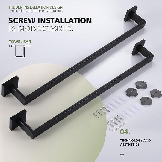KOKOSIRI 24-Inch Single Towel Bar, Bathroom Kitchen Towel Holder, Wall Mounted SUS304 Stainless Steel Towel Rack 2 Pack, Matte Black, B4003BK-L24-P2 - ModernBath