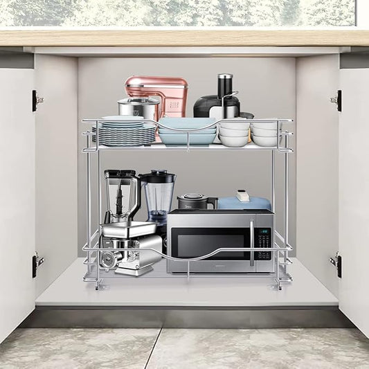 FULGENTE Chrome Finish 2 Tier (17" W X 18" D) Pull Out Drawer Cabinet Organizer Heavy Duty Slide Out Pantry Shelves Sliding Basket Storage For Home Kitchen Bathroom Under Sink Organization