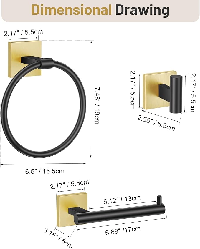 Towel Ring Set 4 Piece Bathroom Hardware Set Includes Towel Ring 2 Towel Hooks and Toilet Paper Holder Stainless Steel Wall Mounted (Black Gold)