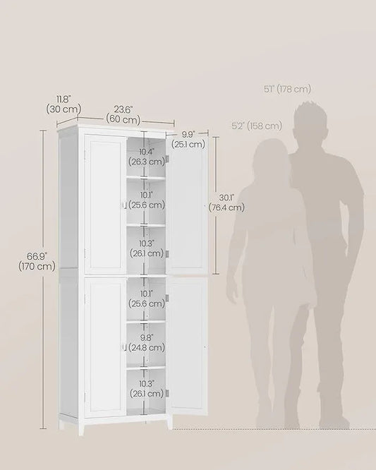 VASAGLE Floor Storage Cabinet, Freestanding Storage Unit with 4 Doors, Adjustable Shelves, 11.8 x 23.6 x 66.9 Inches, for Entryway, Bathroom, Cloud White UBBC550W01 - ModernBath