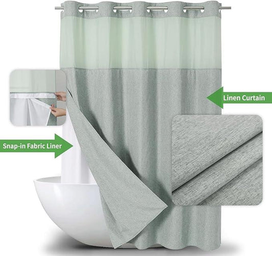 eachope Extra Long No Hooks Needed Linen Textured Shower Curtain with Snap-in Fabric Liner Set,Sage Green Hotel Luxury Decor Shower Curtains for Bathroom,Waterproof & Washable,71Wx86H - ModernBath