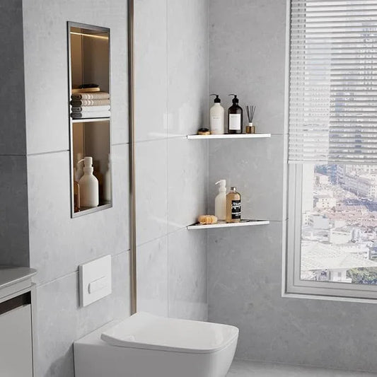 2-Pack 10" Wall Mounted Corner Shower Shelf - No Drilling Recessed Bathroom Shelves, Triangular Shower Caddy Organizer, Rustproof Stainless Steel Shower Shelves for Tiled Walls(Brushed) - ModernBath