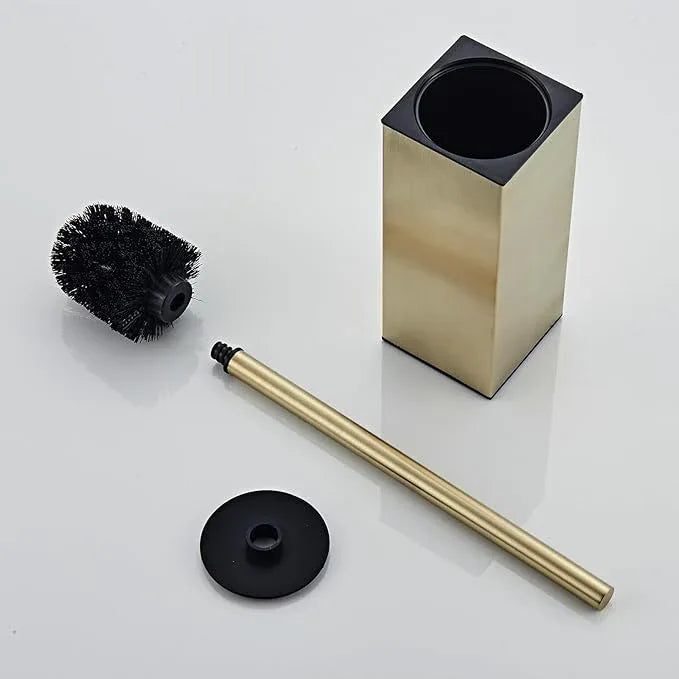 Toilet Brush and Holder Set, NEWRAIN Stainless Steel Toilet Brush with Long Brush Handle, Brushed Gold Toilet Scrubber and Covered Holder, Square Design Sturdy and Space Saving, Covered Brush - ModernBath