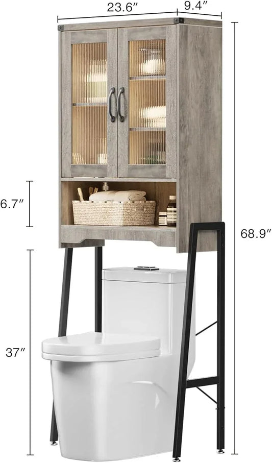 Over The Toilet Storage Cabinet with Tempered Glass Doors and Adjustable Shelf, Bathroom Organizer with Metal Stand Space Saver Over Toilet , Modern Toilet Rack for Bathroom, Restroom, Laundry, Grey - ModernBath