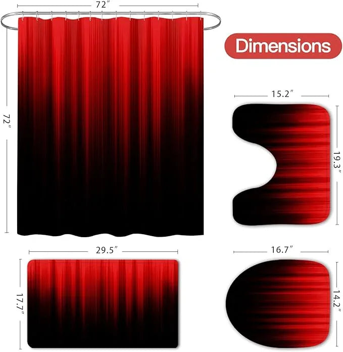 Litabel 4 Pcs Red and Black Gradient Shower Curtain Set with Rugs and Toilet Lid Cover, Modern Simple Waterproof Fabric Bathroom Set, Ombre Stripe Gothic Abstract Bathroom Decor Set Accessories - ModernBath