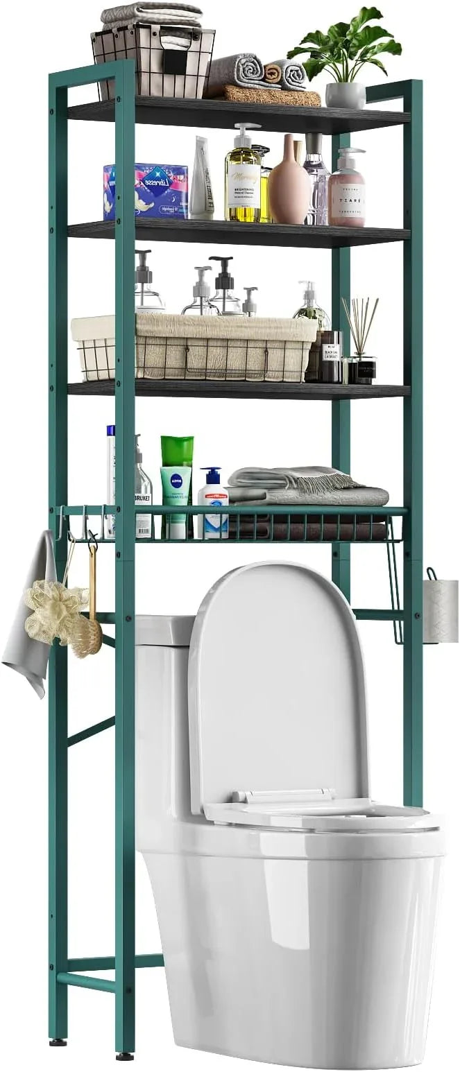 Over-The-Toilet Storage Rack, 4-Tier Bathroom Organizer Shelf Over Toilet with Adjustable Shelf and Basket, Freestanding Space Saver Bathroom Shelves Above Toilet for Room (Green- Black) - ModernBath