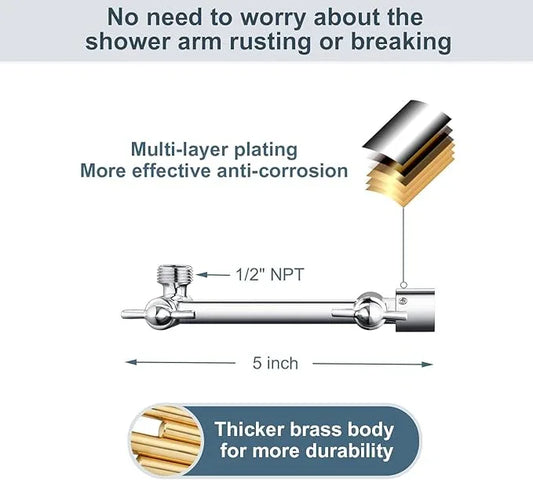 BRIGHT SHOWERS Brass Shower Arm Extender for Rain and Handheld Shower Head, 5 Inch Universal Shower Head Extension Arm, Height & Angle Adjustable, Chrome - ModernBath