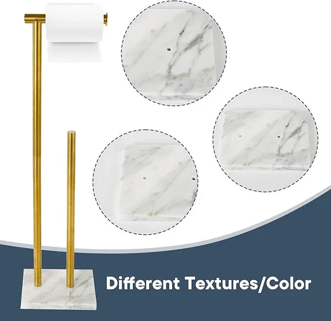 Toilet Paper Holder Stand with Weighted Natural Marble Base, Bathroom Free Standing Toilet Paper Roll Holder with Reserve, Standing Toilet Tissue Holder with Storage (Brushed Gold, with Storage) - ModernBath