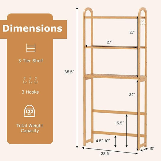 Giantex Over The Toilet Storage Cabinet, 3-Tier Bamboo Bathroom Shelves Over Toilet w/3 Hooks, Adjustable Shelves & Waterproof Feet Pad, Over Toilet Bathroom Organizer for Laundry, Balcony, Restroom