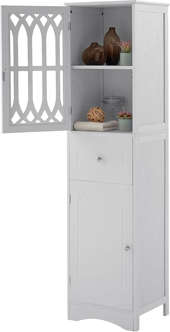Tall Bathroom Storage Cabinet with 2 Doors & Drawer, 64" H Bathroom Cabinets Freestanding, Slim Linen Cabinet with Adjustable Shelves, Narrow Linen Tower for Living Room, Laundry Room, White - ModernBath