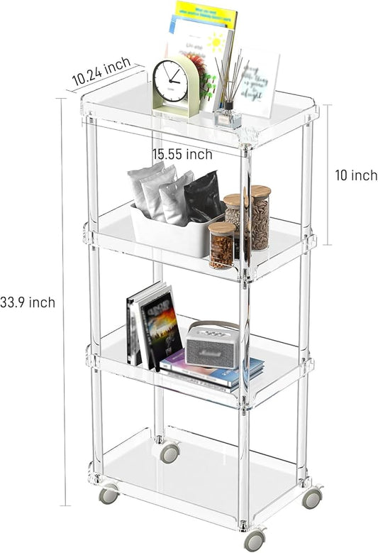AQUIVER Acrylic Slim Storage Cart - 4 Tiers Narrow Rolling Cart - Utility Cart for Kitchen, Bathroom, Living Room, Laundry - 15.6 '' L x 10.2 '' W x 33.9 '' H