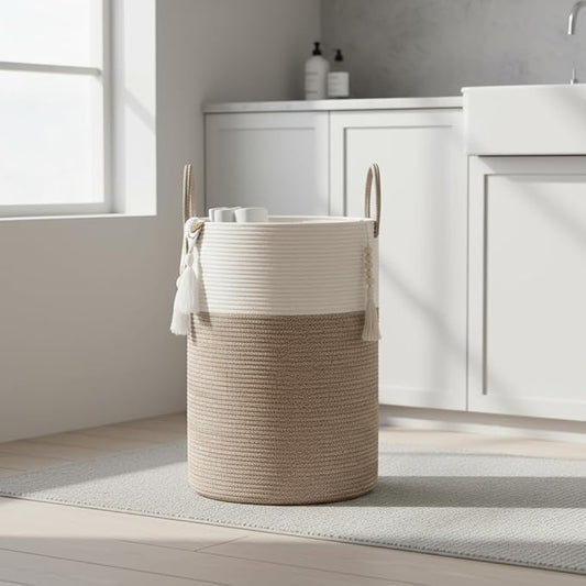 80L Tall Woven Laundry Hamper – Large Foldable Storage Basket with Handles for Clothes, Blankets, Toys, Bathroom, Living Room, Nursery Decor