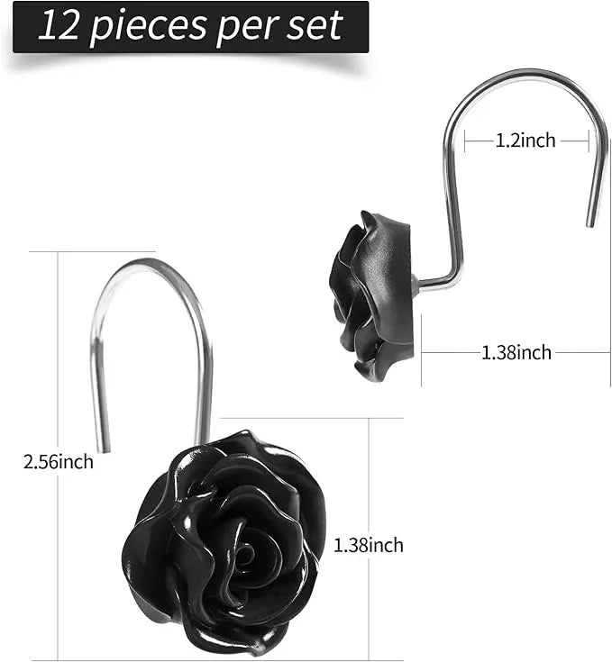 Litabel Rose Flower Shower Curtain Hooks 12PCS,Home Decorative Black Rose Shower Curtain Hooks Metal Rustproof Cute Rose Flower Shower Hooks Rings Bathroom Shower Rods Curtains - ModernBath