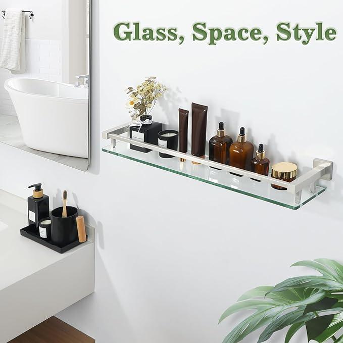Alise Bathroom Shelf Wall Mounted, Brushed Nickel Large Capacity Glass Shelf for Bathroom, 24 inch - ModernBath