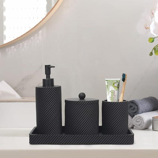 Black Bathroom Accessories Set 4 Pcs - Toothbrush Holder,Lotion Soap Dispenser,Qtip Holder Dispenser,Vanity Tray for Countertop Vanity Organizer,Bathroom Accessory Set - ModernBath