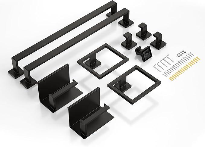 JIXB 10-Piece 23.6 Inch Matte Black Bathroom Hardware Accessories Set, Bath Towel Bar Set, SUS304 Stainless Steel Toilet Paper Holder with Shelf, Towel Hooks, Towel Rings Wall Mounted - ModernBath